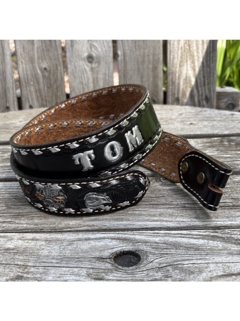 Hand Tooled Western Belt Mens 34 Black Leather TOM Silver Stitched Painted Roses